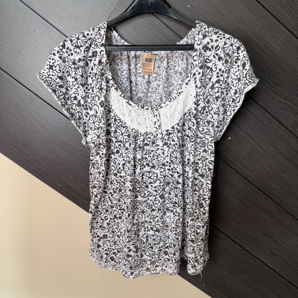 Faded Glory Women's Y2K Peasant Blouse Large Brown White Floral Eyelet Boho Top